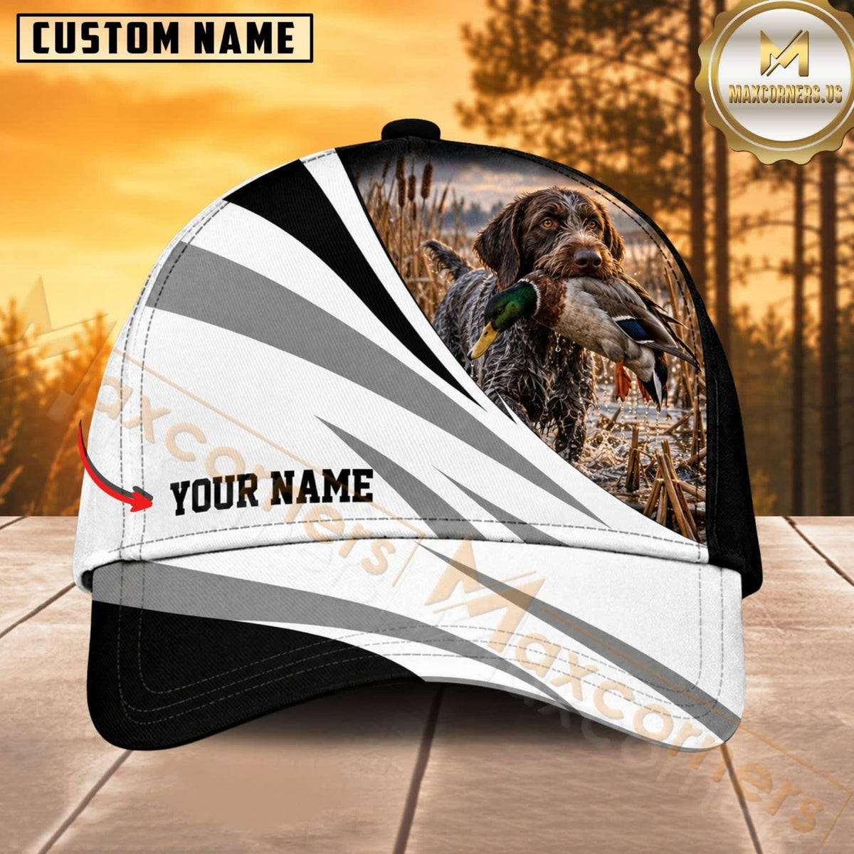 Maxcorners Dog Hunting And Duck Black White Silver Wave Marsh Personalized Name 3D Cap