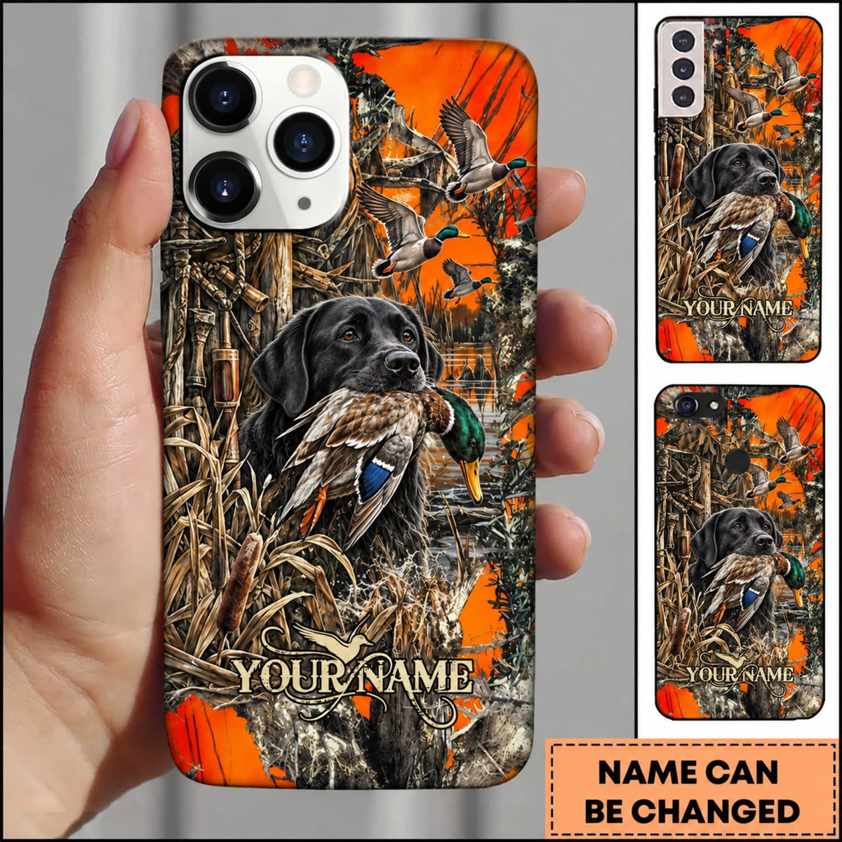 Maxcorners Duck Hunting German Shorthaired Pointer Orange Camouflage Hunting Personalized Name 3D Phone Case - Black Labrador Retriever - Mallard