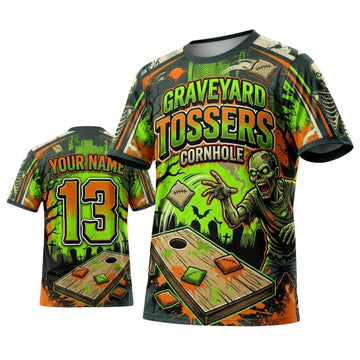 Maxcorners Cornhole Graveyard Tossers Zombie Green Personalized Name 3D Unisex Shirt