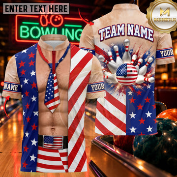 Maxcorners Bowling Patriotic USA Flag Vest Six Pack Pins Jersey Customized Name, Team Name 3D Shirts
