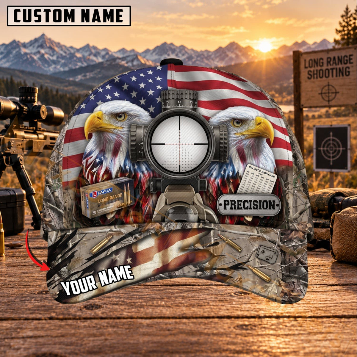 Maxcorners Long Range Shooting Patriotic Eagle Crosshair Personalized Name 3D Cap