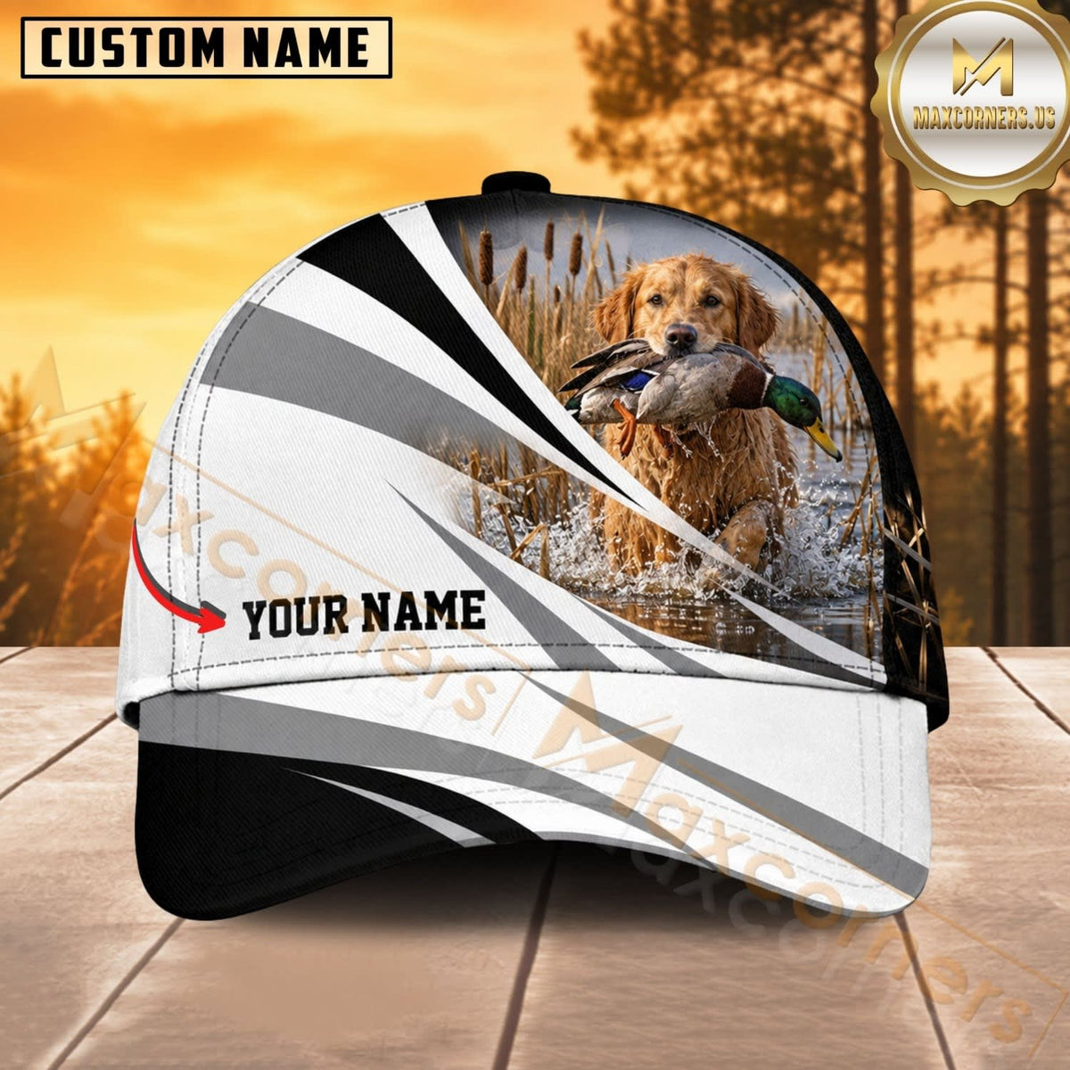 Maxcorners Dog Hunting And Duck Black White Silver Wave Marsh Personalized Name 3D Cap