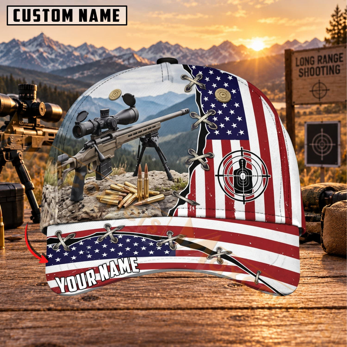 Maxcorners Long Range Shooting American Flag Precision Rifle Personalized Name 3D Cap