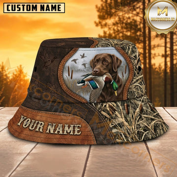 Maxcorners Duck Hunting Dog Brown Leather Badge Personalized Name 3D Bucket Hat