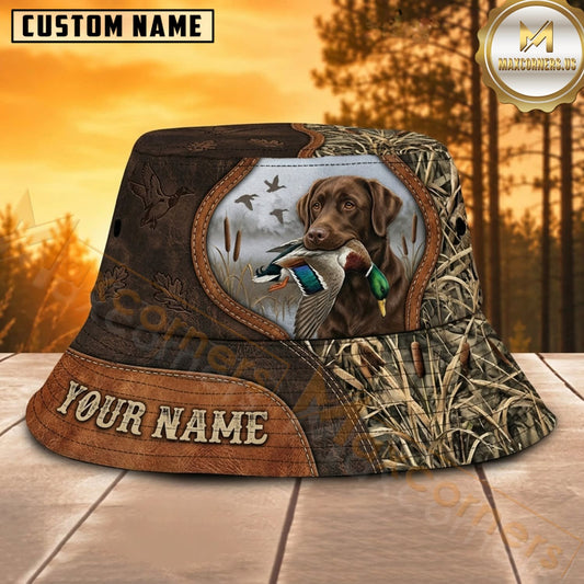 Maxcorners Duck Hunting Dog Brown Leather Badge Personalized Name 3D Bucket Hat