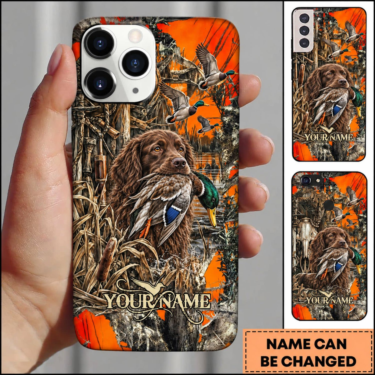 Maxcorners Duck Hunting German Shorthaired Pointer Orange Camouflage Hunting Personalized Name 3D Phone Case - Boykin Spaniel