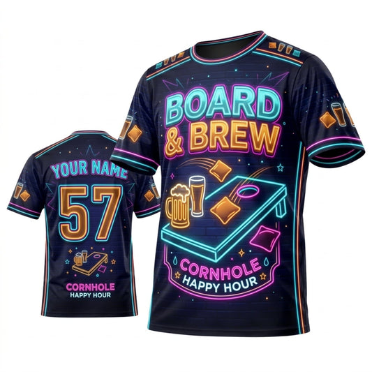 Maxcorners Cornhole Board And Brew Retro Neon Personalized Name 3D Unisex Shirt