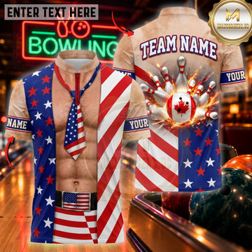 Maxcorners Bowling American Flag Open Shirt Six Pack Pins Graphic Customized Name, Team Name 3D Shirts