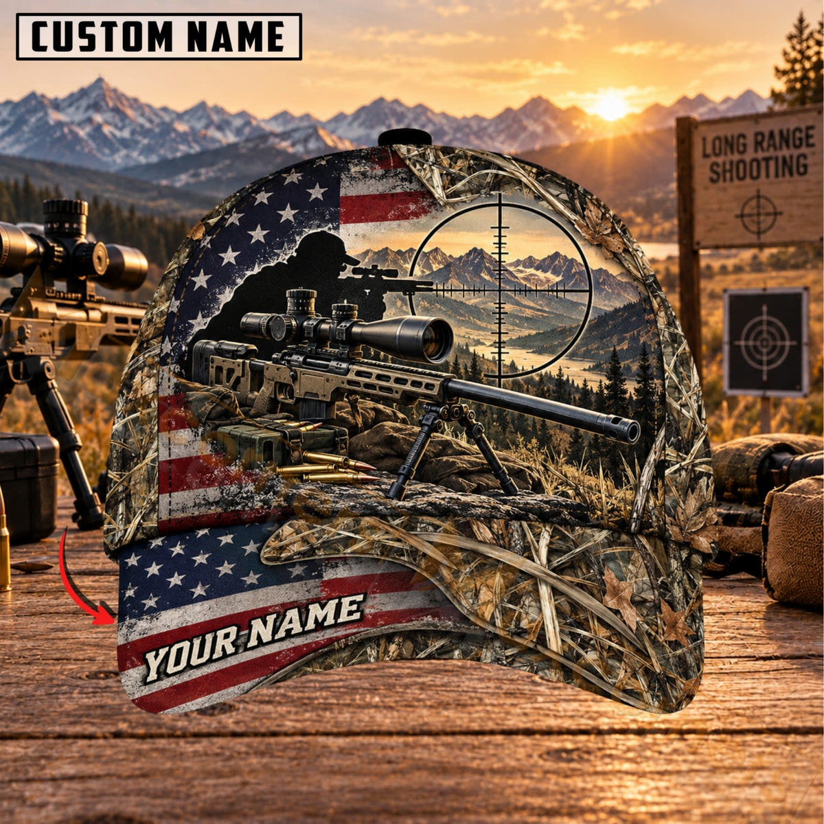 Maxcorners Long Range Shooting Patriotic Sniper Rifle Personalized Name 3D Cap