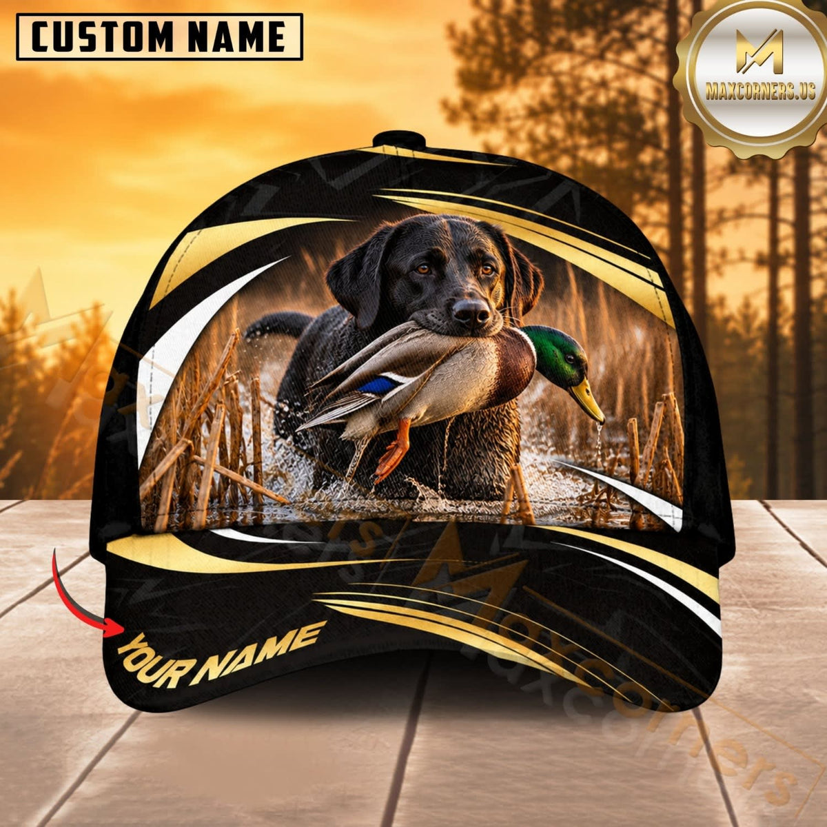 Maxcorners Dog Hunting And Duck Black Gold Wave Wetland Personalized Name 3D Cap