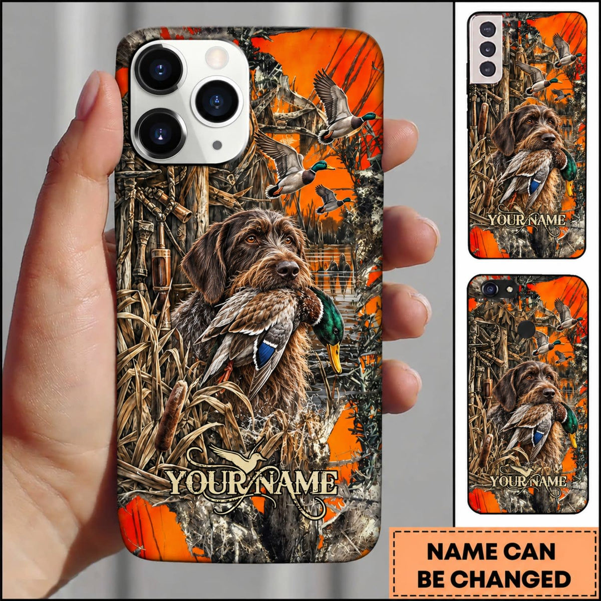 Maxcorners Duck Hunting German Shorthaired Pointer Orange Camouflage Hunting Personalized Name 3D Phone Case - German Wirehaired Pointer