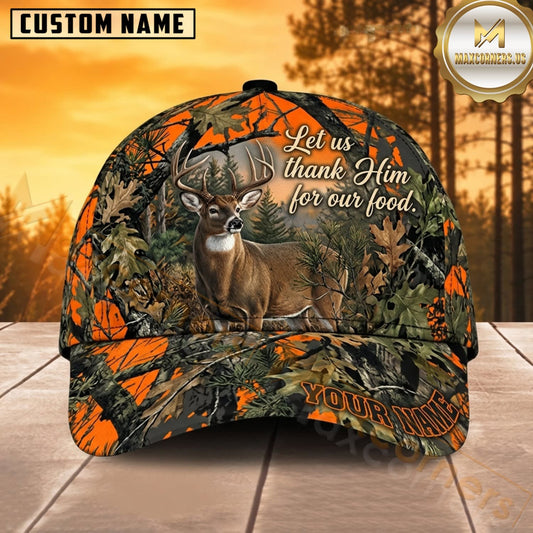 Maxcorners Deer Hunting Whitetail Buck Let Us Thank Him for Our Food Orange Brush Camo Customized Name 3D Cap