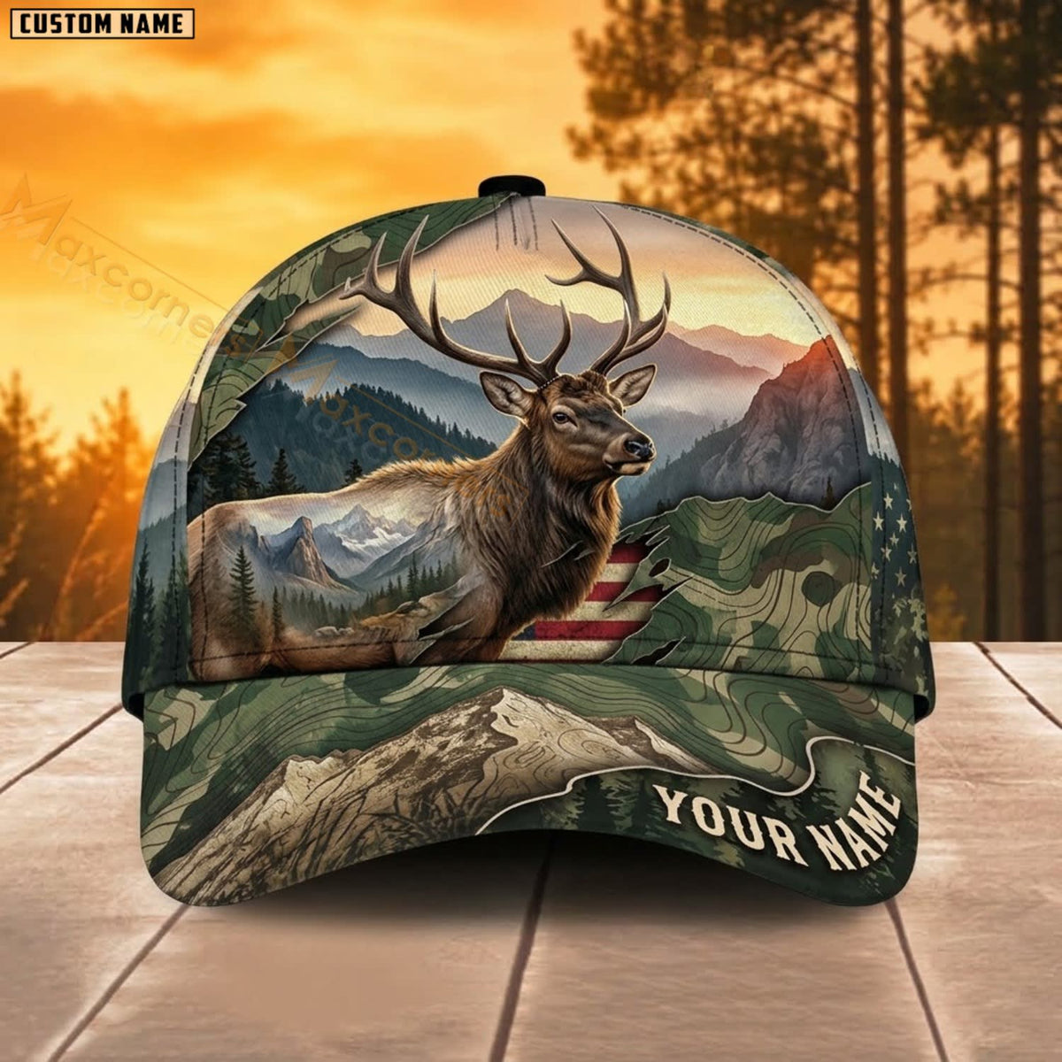 Maxcorners Elk Hunting Mountain Elk Scenic Personalized Name 3D Cap