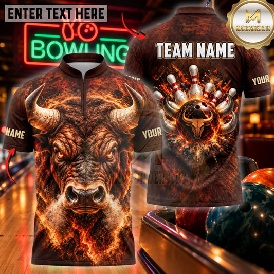 Maxcorners Bowling Flaming Bull Skull Fiery Pins Graphic Customized Name, Team Name 3D Shirts
