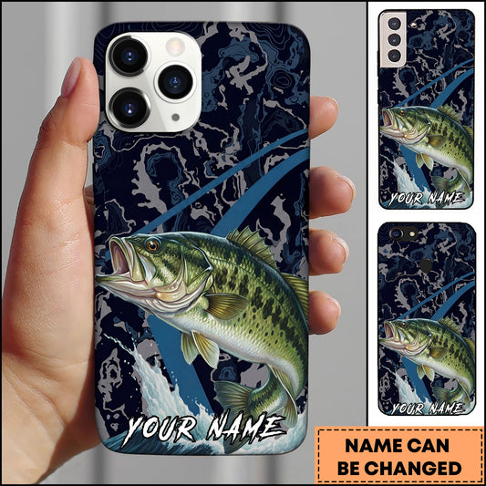 Maxcorners Fishing Dark Water Topographic Pattern Personalized Name Phone Case (10 Fish Species)