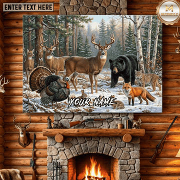 Maxcorners Deer Hunting Winter Snowy Forest Deer Bear Turkey Fox Bobcat Rabbit Wildlife Scene Canvas Wall Art