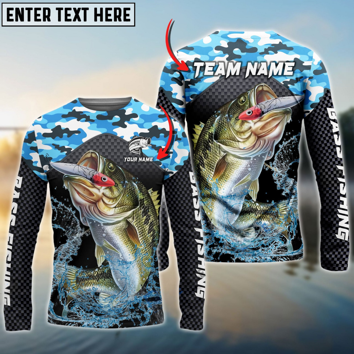 Maxcorners Bass Fishing Blue Camo Sport Personalized Name, Team Name 3D Long Sleeve Shirt