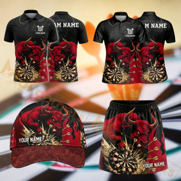 Maxcorners Darts Black Red Dragon Dartboard Design Personalized Team Sportswear Set - Polo Shirt, Cap & Skorts