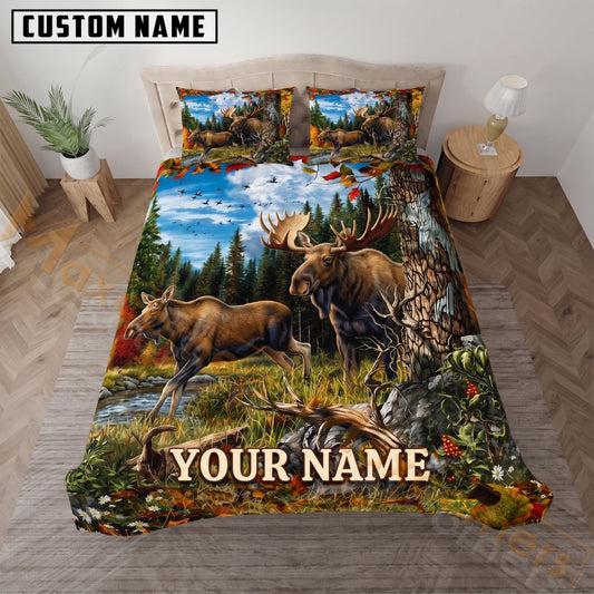 Maxcorners Moose Hunting Mountain Lake Wilderness Custom Name 3D Bedding Set
