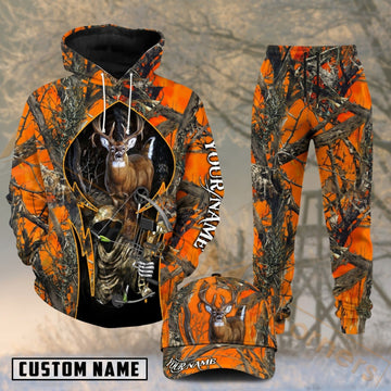 Maxcorners Hunting Whitetail Buck Skull Blaze Orange Camo Personalized 3D Combo Hoodie, Sweatpants Set & Cap