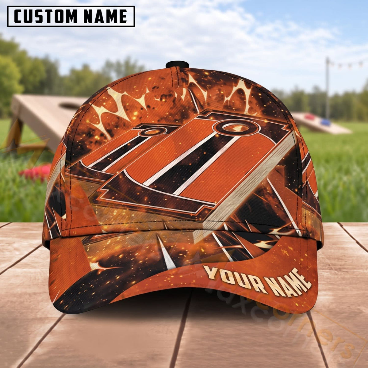 Maxcorners Cornhole Orange Camo Board Design Personalized Name 3D Cap