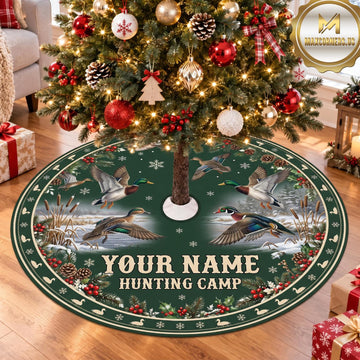 Maxcorners Hunting Deer Moose Green Forest Camp Personalized Name 3D Christmas Tree Skirt