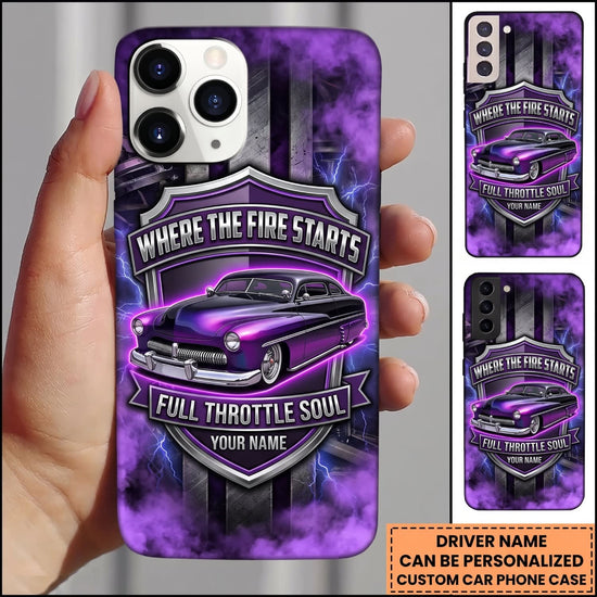 Maxcorners Classic Muscle Car Purple Neon Fire Storm Design Personalized Name 3D Phone Case