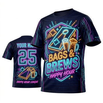 Maxcorners Cornhole Bags And Brews Retro Neon Personalized Name 3D Unisex Shirt
