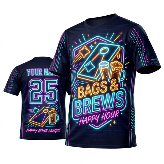 Maxcorners Cornhole Bags And Brews Retro Neon Personalized Name 3D Unisex Shirt