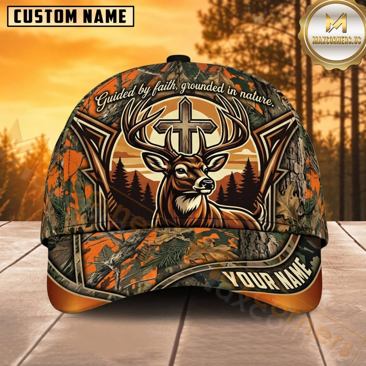 Maxcorners Deer Hunting Whitetail Deer Skull Blaze Orange Tribal Woodland Camo Customized Name 3D Cap