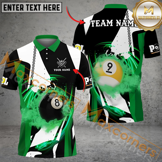 Maxcorners Billiard Ball 8 And Ball 9 Flame Multicolor Options Personalized Name, Team Name 3D Polo Shirt (6 Colors)