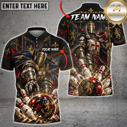 Maxcorners Bowling Medieval Crusader Templar Knight Armor Ball Shattered Pins Graphic Multicolor Customized Name, Team Name 3D Shirts