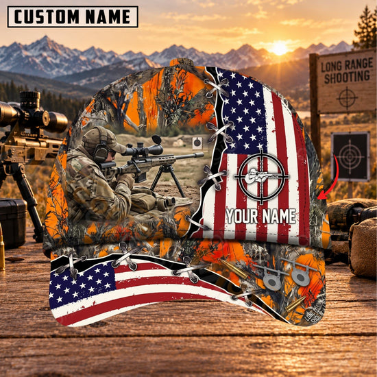 Maxcorners Long Range Shooting Blaze Orange Patriotic Rifle Personalized Name 3D Cap