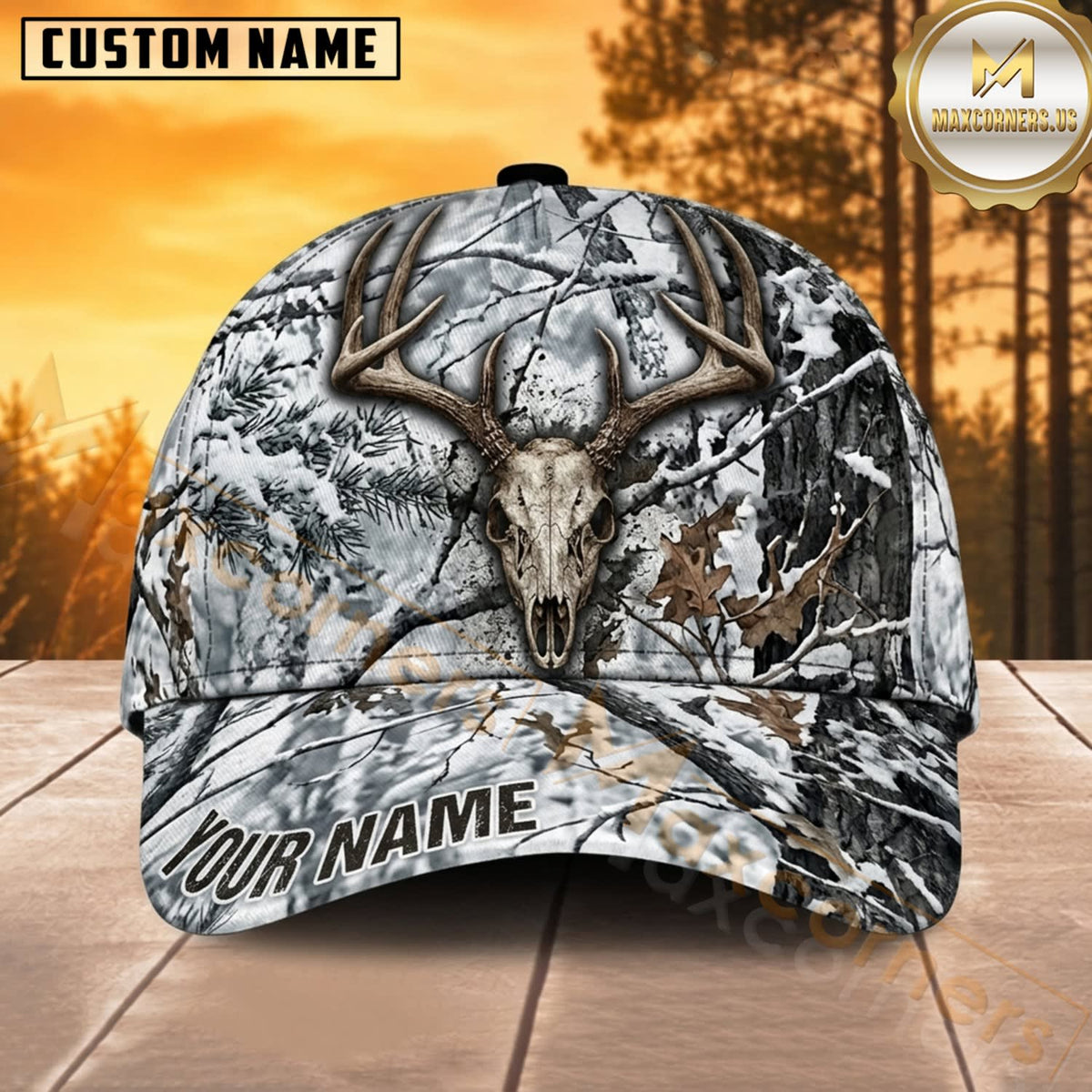 Maxcorners Deer Hunting Whitetail Buck Antler Trophy Skull Snow Branch Camo Customized Name 3D Cap