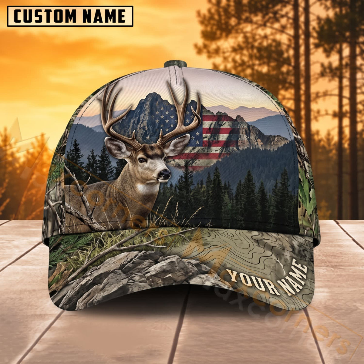 Maxcorners Elk Hunting Patriotic Mountain Elk Personalized Name 3D Cap