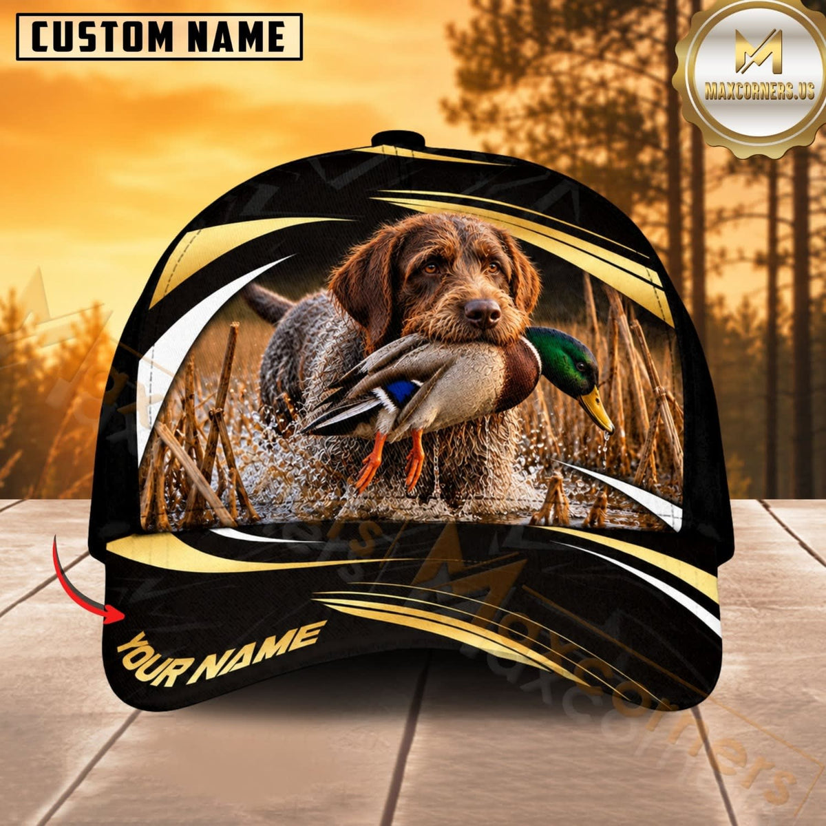 Maxcorners Dog Hunting And Duck Black Gold Wave Wetland Personalized Name 3D Cap