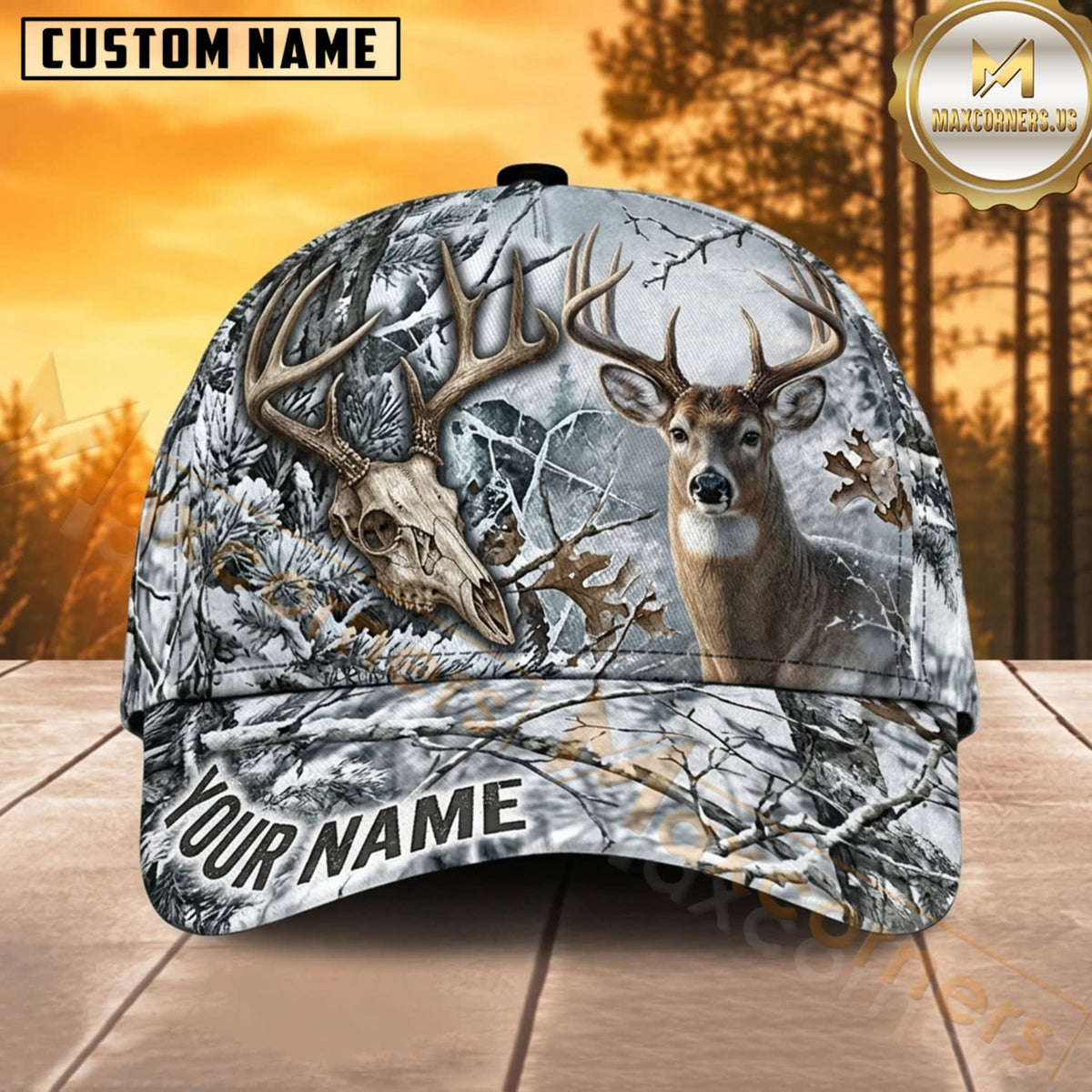 Maxcorners Deer Hunting Whitetail Buck Snowy Buck and Skull Winter Camo Customized Name 3D Cap