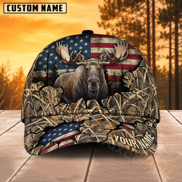 Maxcorners Moose Hunting Patriotic Mountain Moose Personalized Name 3D Cap