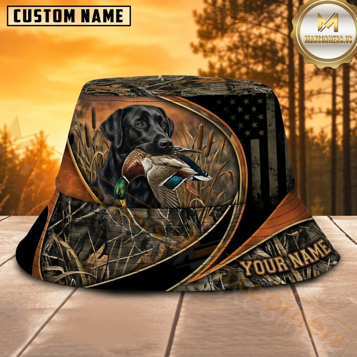 Maxcorners Waterfowl Hunting Labrador Black Gold Camo Personalized Name 3D Bucket Hat