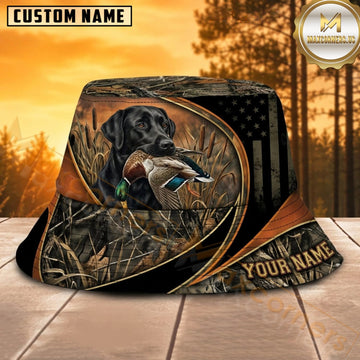 Maxcorners Waterfowl Hunting Labrador Black Gold Camo Personalized Name 3D Bucket Hat