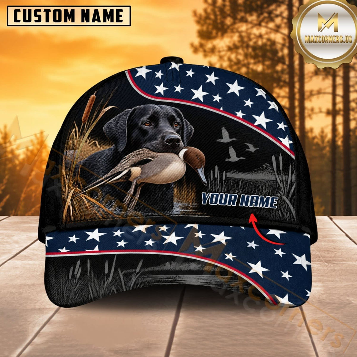 Maxcorners Dog Hunting And Duck Black Navy American Stars And Stripes Personalized Name 3D Cap
