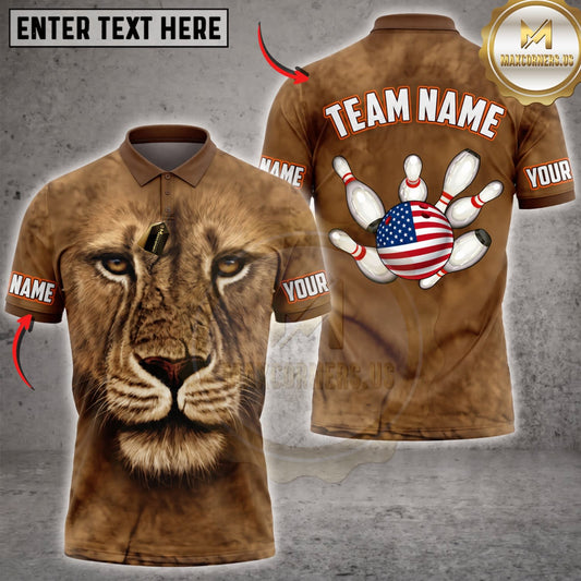 Maxcorners Bowling Fierce Lion Face American Flag Bowling Pins Personalized Name 3D Unisex Shirt