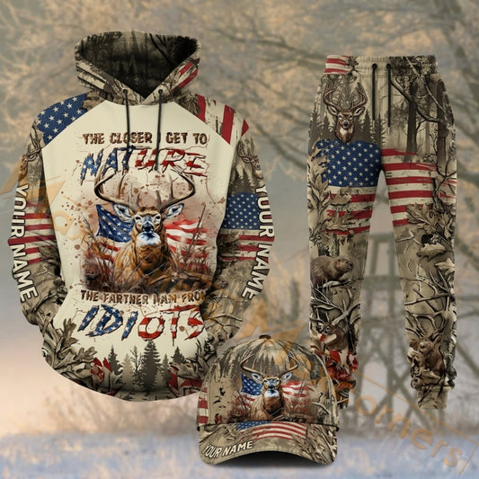 Maxcorners Hunting Nature Deer American Flag Vintage Camo Personalized 3D Combo Hoodie, Sweatpants Set & Cap