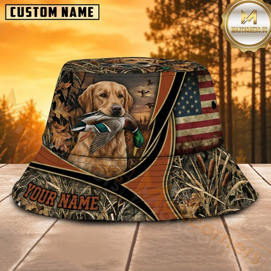 Maxcorners Labrador Hunting Patriotic American Flag Personalized Name 3D Bucket Hat