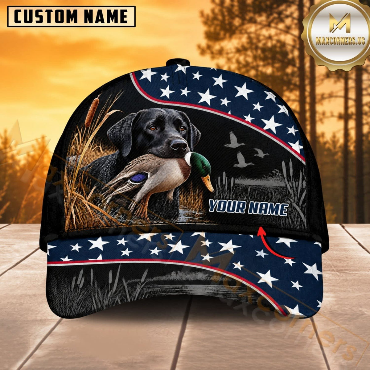 Maxcorners Dog Hunting And Duck Black Navy American Stars And Stripes Personalized Name 3D Cap