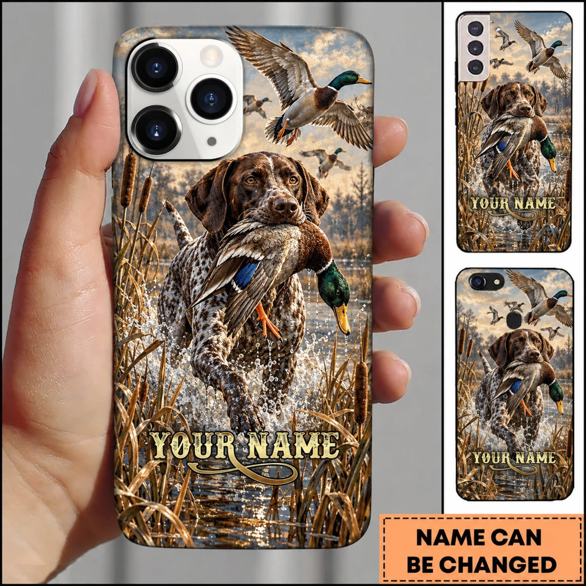 Maxcorners Duck Hunting German Wirehaired Pointer Rustic Hunting Marsh Personalized Name 3D Phone Case - German Shorthaired Pointer