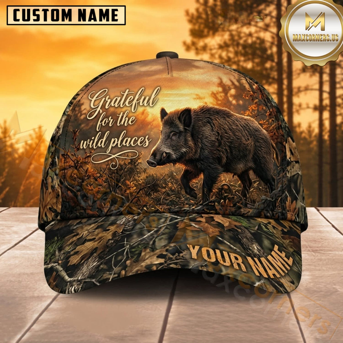 Maxcorners Bear Hunting Black Bear Grateful for the Wild Places Golden Forest Camo Customized Name 3D Cap
