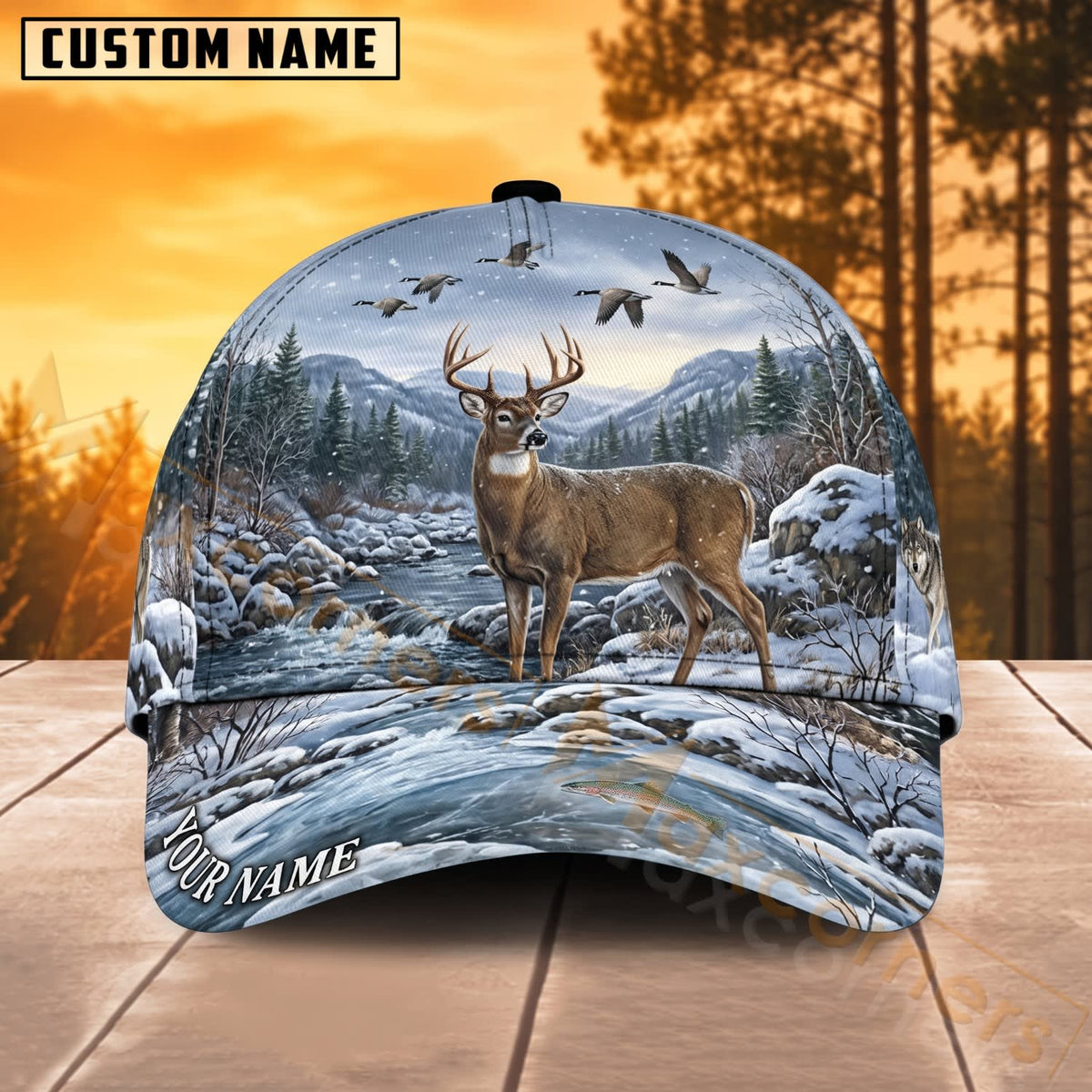 Maxcorners Deer Hunting Winter Snow Deer Personalized Name 3D Cap