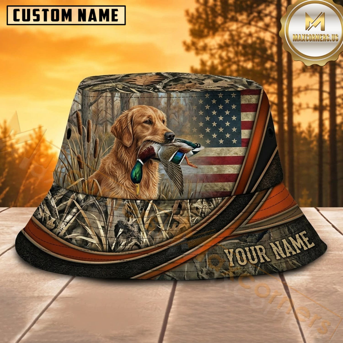 Maxcorners Duck Hunting Labrador Flag Woodland Personalized Name 3D Bucket Hat