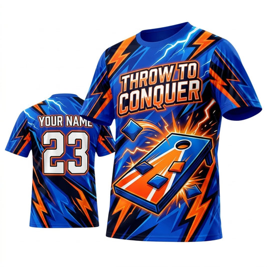 Maxcorners Cornhole Throw It Conquer Electric Blue Orange Personalized Name 3D Unisex Shirt
